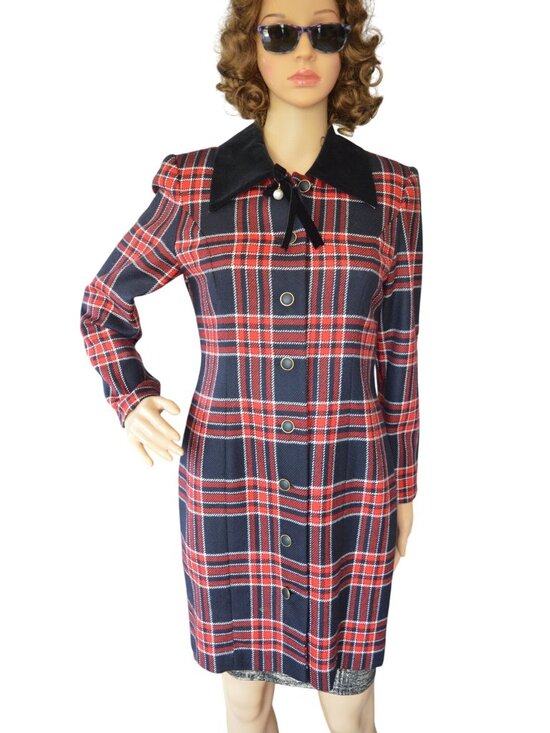 Vintage Jackets & Blazers - Vintage 60s Nonnoca Plaid Double Breasted Coat Dress Size XS Coquette Holiday